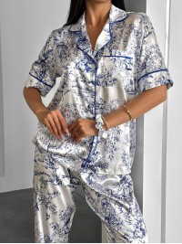 Mavi Desen Saten Gömlek-Pantolon Pijama Takımı